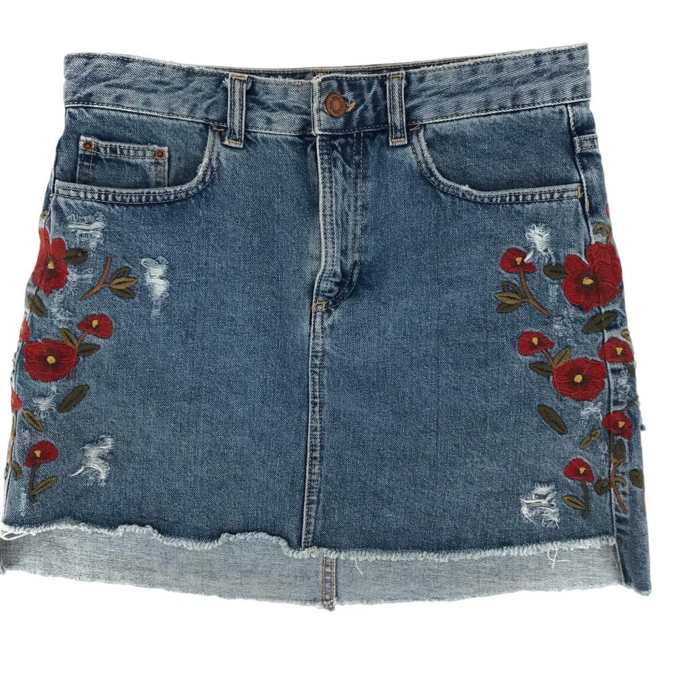 Zara Womens Blue Embroidered High Low Raw Hem Denim Mini Skirt Size S